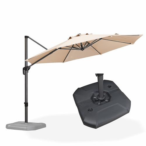 PURPLE LEAF Sonnenschirm mit Ständer 330 cm Rund Alu mit Kreuzfuß Beige | Ampelschirm mit Kurbel & Fußpedal, Einfaches Öffnen, 360° Drehbar, 5 Neigungswinkel, Rundum-Sonnenschutz, UV50+ Polyester