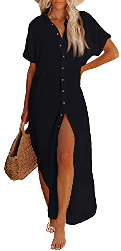 Viottiset Damen Kurzarm Button Side Schlitz Maxi Lange Badeanzug Cover Up Bluse Kleid Gürtel Kimonos Cardigans Schwarz M