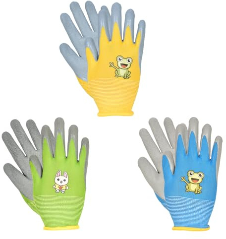 Colexy 3 pares de guantes de trabajo para niños, guantes de jardinería transpirables con revestimiento de látex para niños, guantes resistentes a los cortes, para jardinería y más (5-7 años)