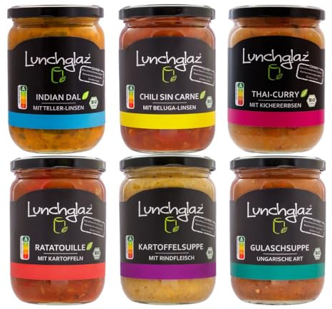 Lunchglaz | Bio-Fertiggerichte im Glas | Probier-Box | 6x 390g | 100% Bio | Ohne Zuckerzusatz | Ohne Geschmacksverstärker | Ohne Konservierungsstoffe