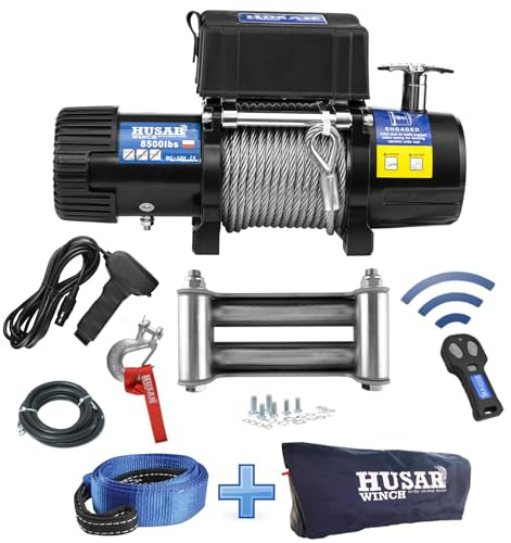 Husar Winch Cabrestante Eléctrico de 8500 lbs | 3856 kg, 12 V, Con Cuerda de Acero De 24 m, Control Inalámbrico, Transmisión Planetaria De 3 Etapas, Ideal Para Vehículos Todoterreno, Vehículos 4x4