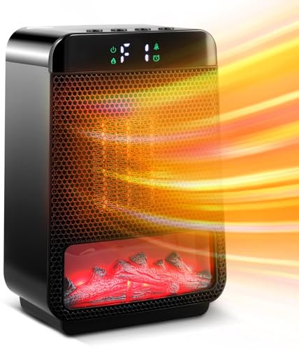Heizlüfter Energiesparend Leise, 1500W Heizung Elektrisch mit 3D-Flamme, PTC Keramikheizlüfter Klein Elektroheizung mit Bildschirmanzeige Timer, Tragbarer Heizventilator für Wohnzimmer Badezimmer Büro