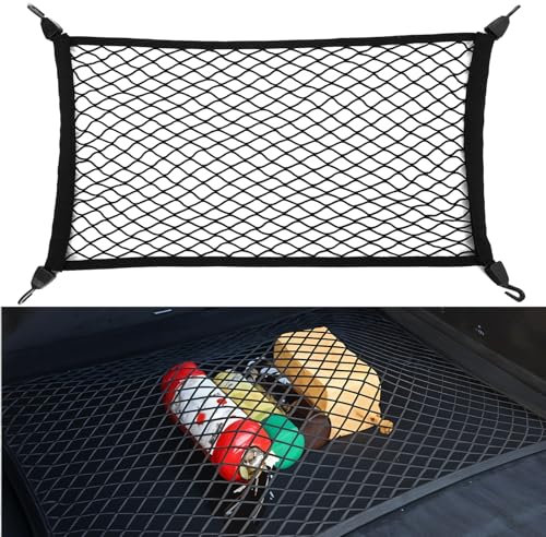 AOZUO Rete Bagagli per Auto, Rete di Sicurezza del Carico, Rete per Bagagliaio 70 x 40 cm, Si Estende Fino a 140 x 80 cm, Organizer in Rete Elastica con 4 Ganci per la Maggior Parte delle Auto