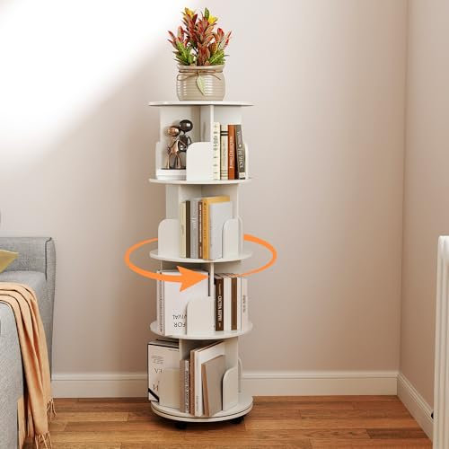 Nisorpa 4-stöckiges Drehbares Bücherregal Rund Kinder Bücherregal mit 4 Lenkrollen Rotating Bookshelf Weiß