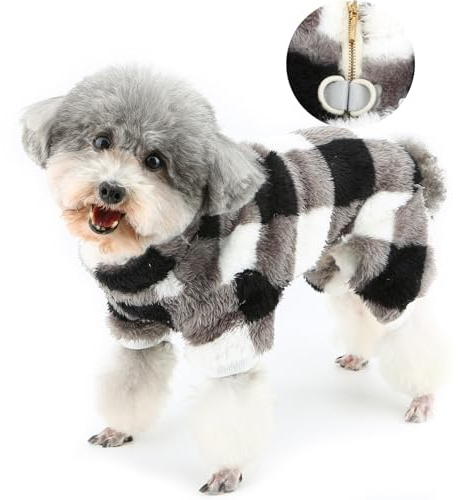 Zunea Fuzzy Hundepullover, Fleece-Overall mit D-Ring für kleine Hunde, weich, warm, für Welpen, kariert, Winter-Pyjama, Reißverschluss, kaltes Wetter, Größe XS/S, Haustierbekleidung,