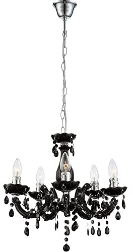 Kronleuchter 5 Flammig schwarz Hängeleuchte Esstischlampe Esszimmer Hängelampe Kristalle, Kristallbehang, Chrom, 5x E14, DxH 44x128 cm