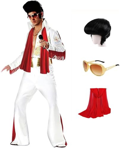 Luming Halloween Costumes Men 5Pieces: Jumpsuit Sunglasses Wig Belt Scarf - 60's 50's 80's 70's Fancy Dress Mens Disco- Outfits Role-playing Carnival Musical Halloween Costumes for Men