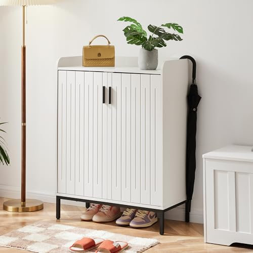 Mericonia Shoe Storage Cabinet, Wooden Hallway Modern Shoes Cupboard with 2 Doors, 5-Tier Freestanding Shoe Cabinets Adjustable Shelves for Hallway Entryway Bedroom, White