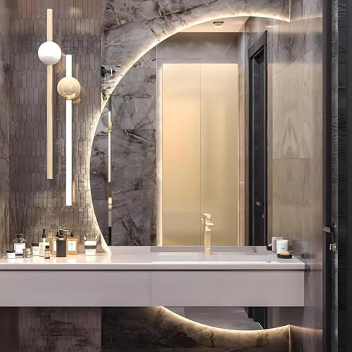 Mirocrafta Specchio da Bagno a Mezzaluna Montato a Parete, Specchio da Trucco Senza Cornice Retroilluminato, con Interruttore Tattile, per Camera da Letto, Soggiorno, Bagno e Ingresso(Right Cut,110*77