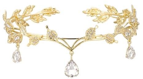 Yuqilin Prinzessin Crystal Crown,Göttin Tiara Elfenkrone Elfen Kopfschmuck Blatt Crystal Crown Elfe Cosplay Fee Kostüm Damen Haarreif Diadem,für Cosplay Renaissance Braut Brautjungfern（Gold）