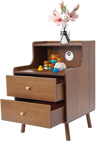 RoroCove Mesita de Noche,Mesilla de Noche, Mesita de Noche Moderna de Nogal Profundo de 40 cm de Altura con 2 cajones y Almacenamiento, mesita de Noche de Madera Maciza.