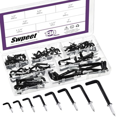 Swpeet 130pcs 8 Größen 1/2 5/8 3/4 7/8 1 1-1/4 1-1/2 2 schwarzes Vinyl beschichtet L-förmige Haken Sortiment-Kit, Schraubhaken, Rechtwinkel L-förmige Haken, 7 Form Selbstklemmschraube