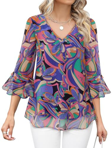 Vafoly Blusen & Tuniken für Damen Festlich: 3/4 Arm Tunika-Shirt Fließende Chiffon Blumenbluse Elegante Oberteile für Damen Hochzeit V-Ausschnitt Business Casual Longshirt Klassisch Violett M