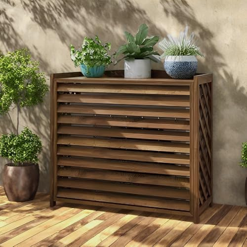 Bois Massif Cache Climatiseur Extérieur Cadre Marron Radiateurs Écran Solaire Résistant À La Pluie Présentoir Pour Plantes Couverture De(L)