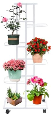 RUETERY Supporto per piante a 6 ripiani, 112 cm, struttura sfalsata con 4 ruote universali con freni, scaffale decorativo per fiori per interni, giardino, balcone, bianco