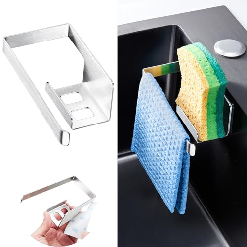 XILIMEN Kitchen Sink Caddy Tidy, Metal Sponge Holder for Kitchen Sink, 2 In 1 Dish Sponge and Dishcloth Holder with Adhesive, Kitchen Sink Organiser for Sponges, Gloves and Dish Cloth, Silver