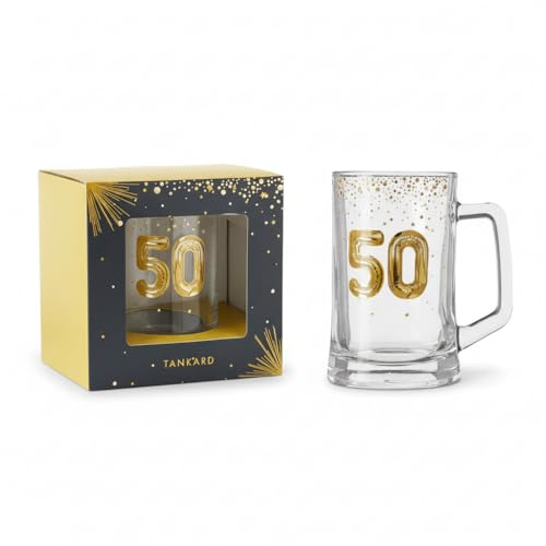 Hox 50th Birthday Glass Tankard 1 Pint – Gold Number 50 Beer Mug with Gift Box, Celebration Beer Glass for Men, Milestone Birthday Gift Idea