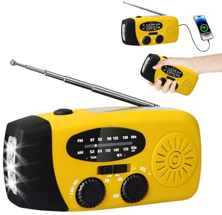 Radio de Survie Solaire Dynamo, Radio Portable Urgence avec Lampe LED 3 Modes & Alerte SOS, Chargeur USB 5V pour Téléphone, 3 Modes de Recharge (Manivelle/Solaire/USB) IPX3 Étanche ﻿ (C)