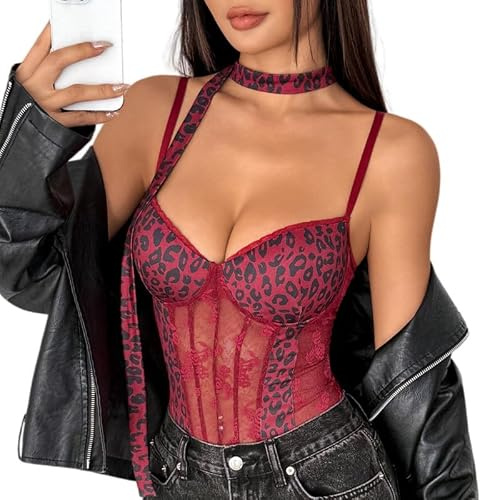 Xiaoliny Body Mujer Sexy Estampado Leopardo Bodysuit de Encaje Transparente Elegante Bodys Top con Tirantes Ajustable y Bufanda Lencería sin Mangas de Una Pieza Leotardo para Fiesta Club Noche