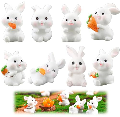 HAGNA 8 Pezzi Coniglietto Pasquale Mini Ornamento Coniglio Miniature, Per Pasqua Fiabesco Micro Ornamento Paesaggio Per Feste Di Compleanno Statuette Cupcake Decorazioni (A)