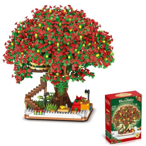 Street View Christmas Cherry Bonsai Tree Bricks Model Set, 2150Pcs DIY Sakura Tree House Building Block Assembly Mini Particle Construction Toy - Not Compatible with Major Brands