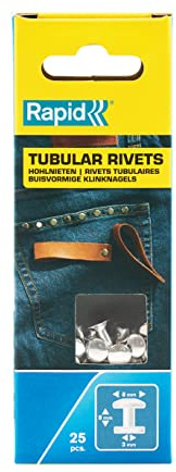 Rapid Hohlnieten mit 8mm Kopf, silberfarbig, 25 Stk. (2-teilig) | Für Leder, Stoffe; 8mm Kopf, 9mm Klemmbereich; Silber; 25 Stück; Zweitilige Niete