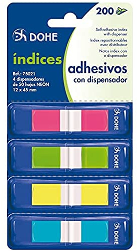 DOHE -Blocks mit wieder abziehbaren Mini-Index-Haftstreifen im Spender. 4 Farben. Größe der Index-Haftstreifen: 12 x 45 mm. Ideal für Büro und Schule.