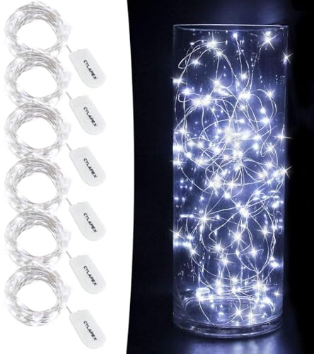 CYLAPEX 6 Pack Fairy Lights Battery Operated 7ft 20 LED Mini String Lights Silver Wire Firefly Starry Moon Lights for Wedding Mason Jars Party Christmas Centerpiece Table Decorations, Cool White