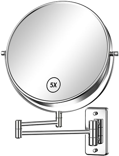Gospire 9 Large Size Wall Mounted Makeup Mirror with 1X/5X Magnification, Double-Sided 360° Swivel, Chrome Polished Extendable Shaving Bathroom Wall Mirror for Men and Women