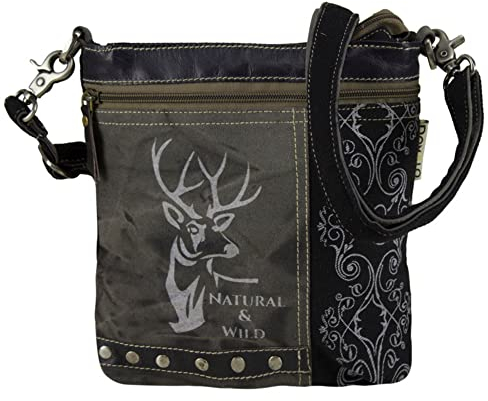 Domelo Damen Trachtentasche. Kleine Trachten Canvas Tasche mit Hirsch Motiv. Vintage Stil Oktoberfest Umhängetasche. Grau Schwarze Crossbody Bag