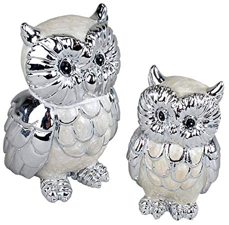 Unbekanntes Set mit 2 kleinen Eulenfiguren, 5–7 cm, silberfarbenes Perlmutt-Design