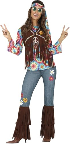 FIESTAS GUIRCA | Hippie Mujer Kostüm - Shirt, Weste, Stirnband und Hose - 60er und 70er Jahre Kostüme für Themenpartys, Karneval und Halloween - Ideal für Damen - Braun und Bunt