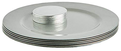 Argon Tableware Metallic Charger Plates & Coasters Set - Silver - 12pc - 33cm - Metallic Finish Reusable Dining Table Setting Plates Drink Placemats for Christmas, Celebrations, Restaurant Decor
