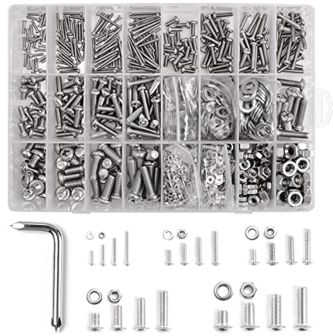 Loscrew 1100Pcs M2 M3 M4 M5 M6 Phillips Pan Head Screws Set, 20 Kinds of Size Stainless Steel Bolts Nuts Flat Washers Machine Screws Kit with Wrench