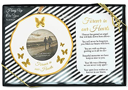 Pavilion - 4 Gold White Ornament Round 2.36 Photo Holder with Keepsake Card - Forever in Our Hearts - Gift Ready Packaged Set