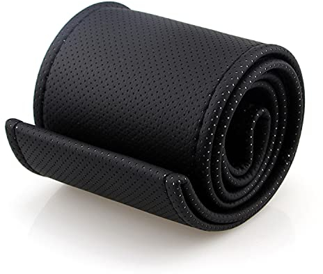 GoGou DIY Auto-Lenkradbezug aus Leder, 37–38 cm, rutschfestes, atmungsaktives Mikrofaser-Leder, universell, schwarz, mit Nadel und Faden