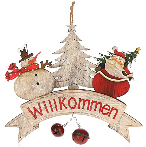 com-four® Hängedeko Weihnachten - Holz-Aufhänger Schriftzug mit Glöckchen - Türschild Willkommen aus Holz - Hänger für Tür und Fenster