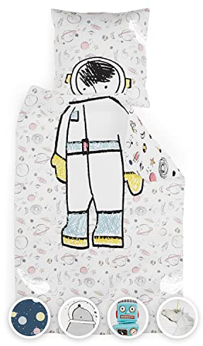 sleepwise Kinderbettwäsche 135x200 | ÖKO-Tex Zertifiziert 2tlg. Bettwäsche Kinder mit Kissenbezug 80x80 cm | Extraweiche Mikrofaser Kinder Bettwäsche Set mit Reißverschluss | Astronaut
