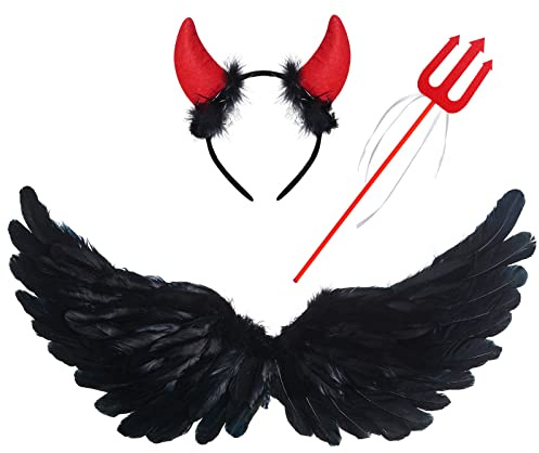 Pack of 3 Angel Wings Costume Feathers Angel Wings Black and Devil Horns Headband and Devil Hayfork Costumes for Halloween Carnival Cosplay Party