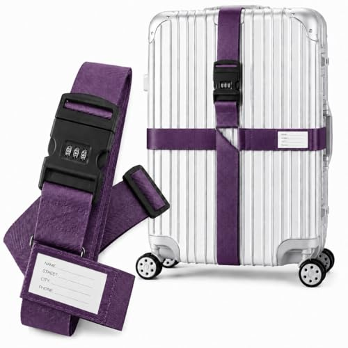 König Design Koffergurt - Zahlenschloss - Verstellbar und Violett - Inklusive Namensschild - Kofferband für Flugreise - Gepäckgurt Kofferband Zubehör