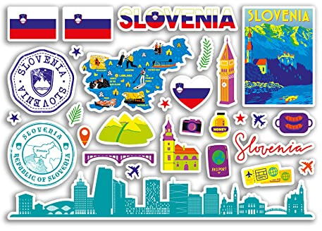 A5 Sticker Sheet Slovenia Landmarks Vinyl Stickers - Bright Slovenian Map Airport Stamp Skyline Flag Travel Holiday Country Aesthetic #80367