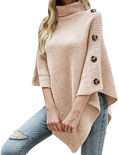 Damen Mädchen Strick Poncho Cape Rollkragen Pullover Strickpullover Strickponcho Grobstrick Fledermaus Pulli Sweater Top, Damen Poncho, leicht, einfarbig, Pullover Schal, Strick (04-Coffee, One Size)