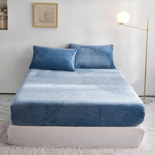 YASMENG Extra Soft Blue Velvet Plush Fitted Sheet Twin Size with 16” Deep Pocket, Warm Luxury Single Fitted Sheet Only for Fall Winter Spring, Fuzzy Flannel Fleece Mattress Protector Cover