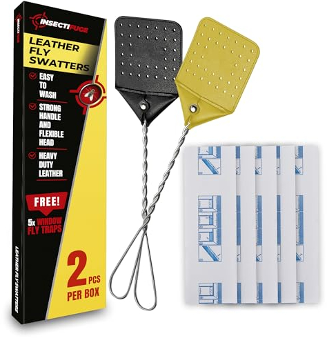 Insectifuge Matamoscas de cuero, paquete de 2 con 5 trampas para moscas de ventana, manual de matamoscas resistente, matamoscas retráctil para interiores y exteriores, matamoscas grandes, paquete