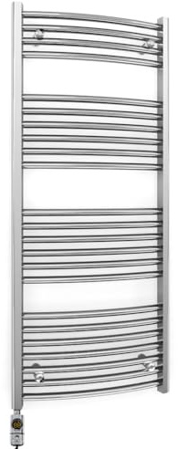 600mm Wide Curved Chrome Electric Bathroom Towel Rail Radiator Heater With AF Thermostatic Electric Element UK Pre-Filled (600 x 1200 mm)