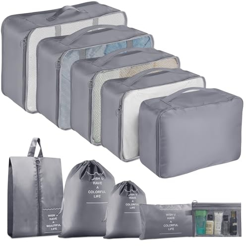 10 Stück Koffer Organizer, Packing Cubes, Packwürfel für Rucksack, Travel Organizer Packtaschen Set mit Kleidertaschen Schuhbeutel Wäschebeute Kosmetiktasche, Reise Gadgets-(Grau)