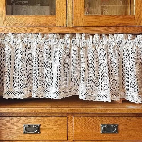 GLWDMB Retro Handgemachte Häkeln Bestickte Scheibengardine Landhausstil Vintage Chic Häkelgardine Cafe Vorhang Romantisch Bistrogardine Kurzgardine 1 Stück, Beige W180xH45cm