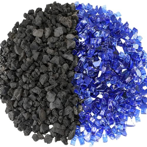 Baquler 6.6 lbs Black Lava Rock 0.4-0.8 Inch and 6.6 lbs Blue Fire Glass 1/2-1 Inch, Volcanic Lava Stones and Reflective Fireplace Glass Rocks for Indoor Outdoor Fire Pits Gas Grill Landscaping