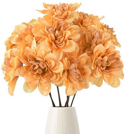 Hanycon Künstliche Dahlien-Blumen, 41,9 cm, Seidenblumen mit langem Stiel, für Hochzeit, Brautstrauß, Kranz, Tischdekoration, Outdoor-Dekoration, Orange, 10 Stück