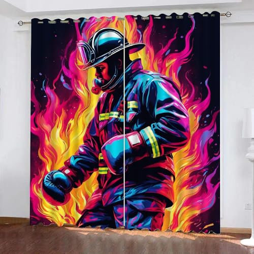 Generisch Feuerwehrmann in Flammen 3D Vorhänge Blickdicht Mit Ösen 2Er Set,Kinder Gardine Verdunkelungsgardine Für Wohnzimmer Schlafzimmer Kinderzimmer Dekoration,H 100CM X B 70CM,A6